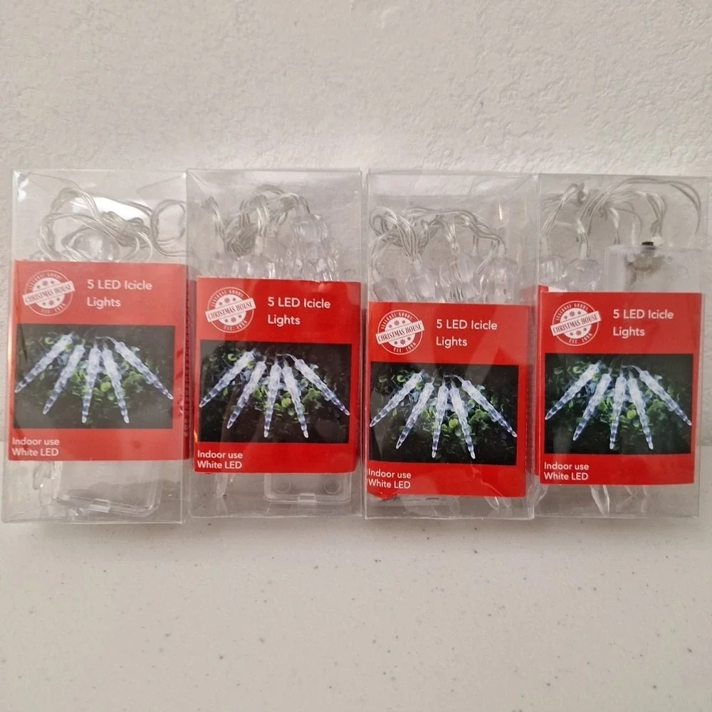 4 X Christmas House 5-Ct. Ea. LED Icicle String Lights - Indoor White LED NEW